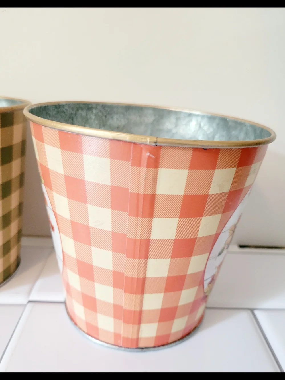 Source Unknown Green and Orange Plaid Gnome Planters